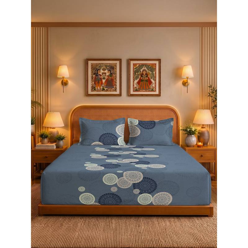 Urban Space Moonstone Blue 200 Tc Cotton Bedsheet with 2 Pillow Covers (Double)