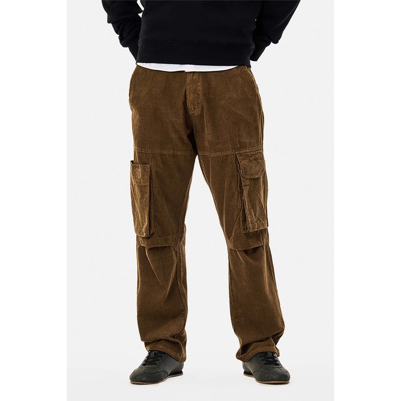 Snitch Brown Corduroy Relaxed Casual Cargo Pants for Men (28)