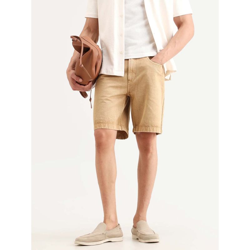 Rare Rabbit Men'S Carp Khaki Cotton Fabric Regular Fit Plain Shorts (28)