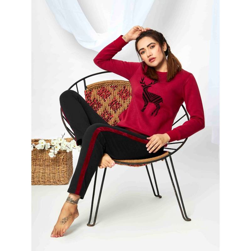 July Nightwear Winter Collection For Women Maroon Fleece Track Suit with Round Neck (2XL)