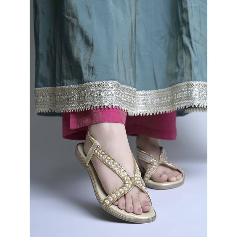 Shoetopia Women Radiant Gold Embellished T-Strap Flat Sandals - Ethnic Occasion Wear (EURO 42)