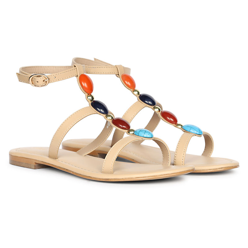 Saint G Women Multi Stone Beige Leather Flat Sandals (EURO 36)