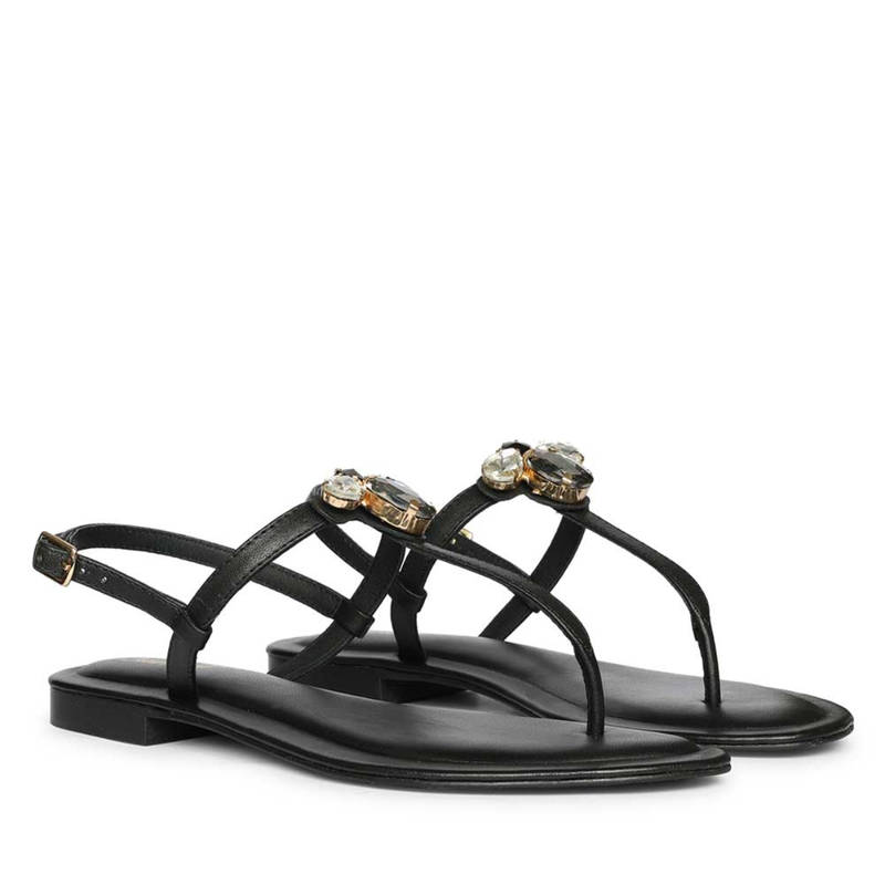 Saint G Women Stone Embellished Black Leather Sandals (EURO 37)