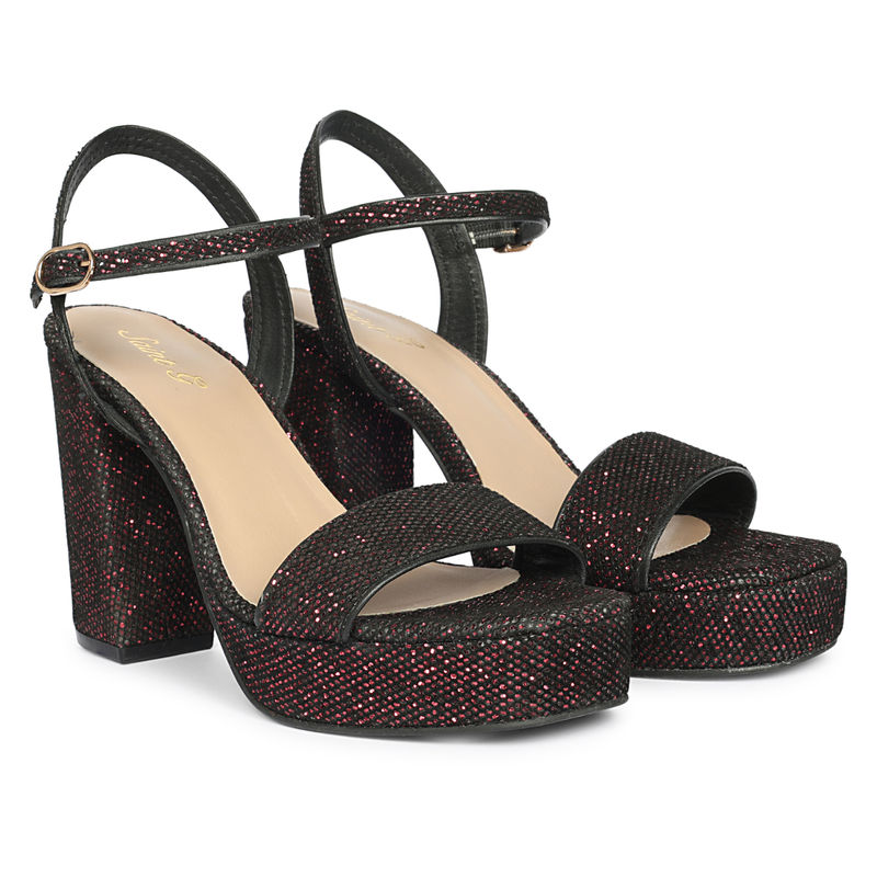 Saint G Women Wine Glitter Fabric Block Heels (EURO 38)