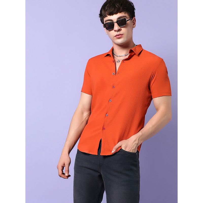Campus Sutra Mens Burnt Orange Textured Regular Fit Casual Shirt (L)