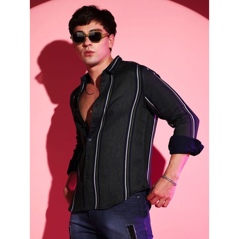 Campus Sutra Mens Emerald Green Striped Regular Fit Casual Shirt (XL)