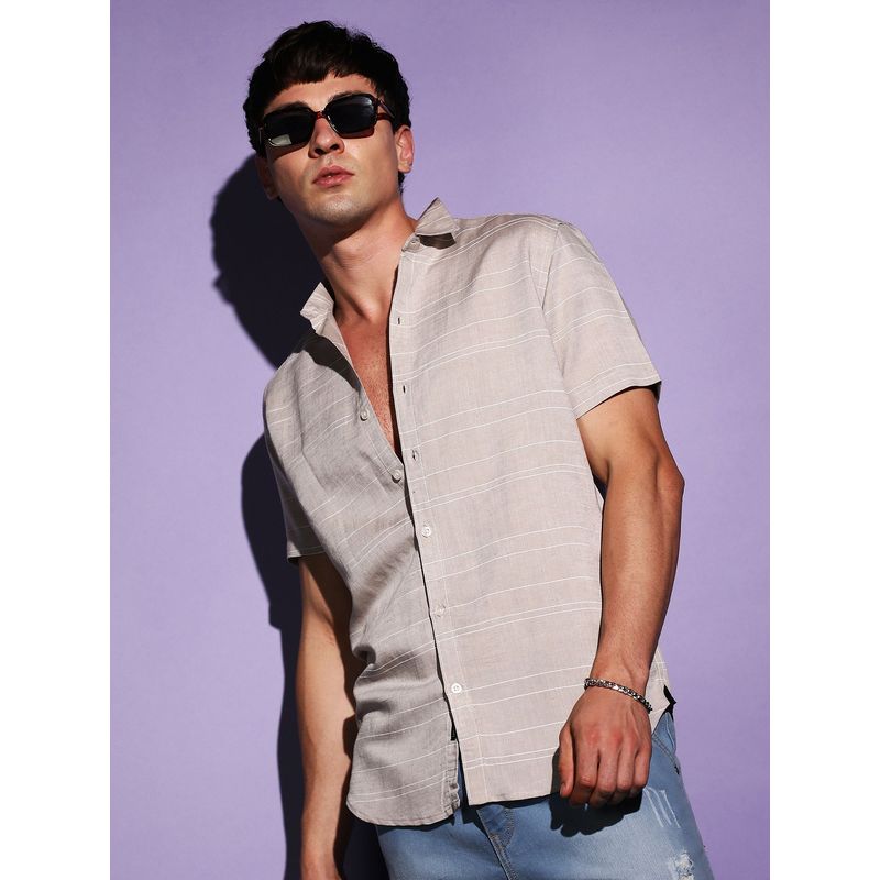 CAHOOT Mens Light Grey Textured Regular Fit Casual Shirt (S)
