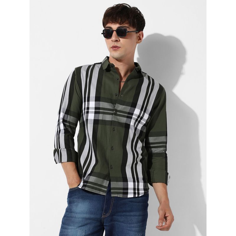 Campus Sutra Mens Tartan Plaid Dark Green Shirt (M)