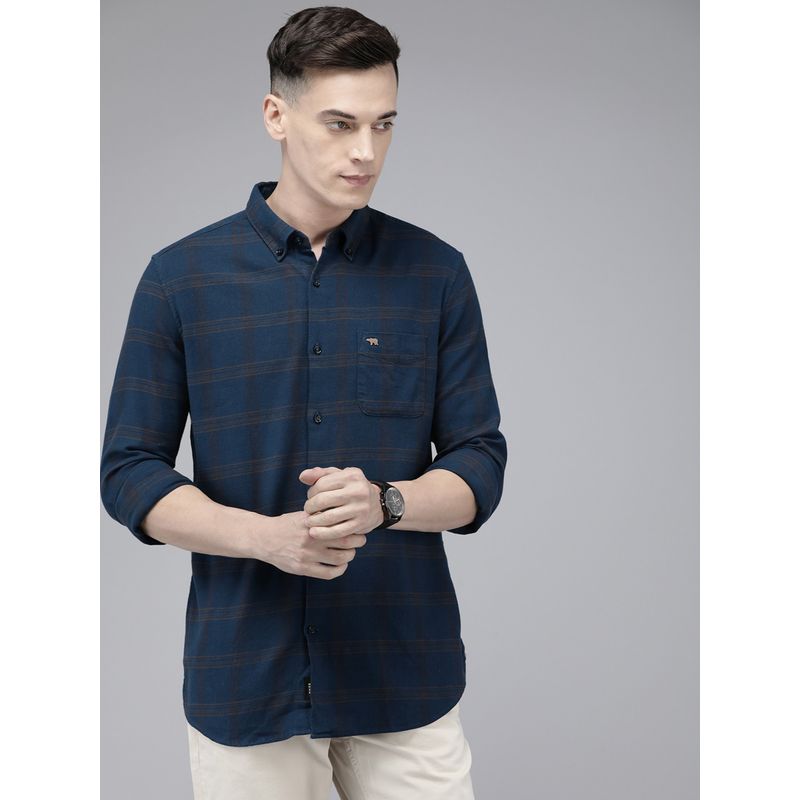 THE BEAR HOUSE Men Navy Blue Checked Slim Fit Cotton Casual Shirt (S)