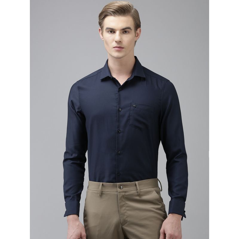 THE BEAR HOUSE Men Navy Blue Solid Slim Fit Cotton Formal Shirt (L)