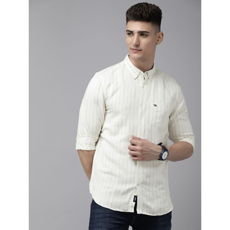 THE BEAR HOUSE Men Off White Striped Slim Fit Cotton Linen Casual Shirt (L)
