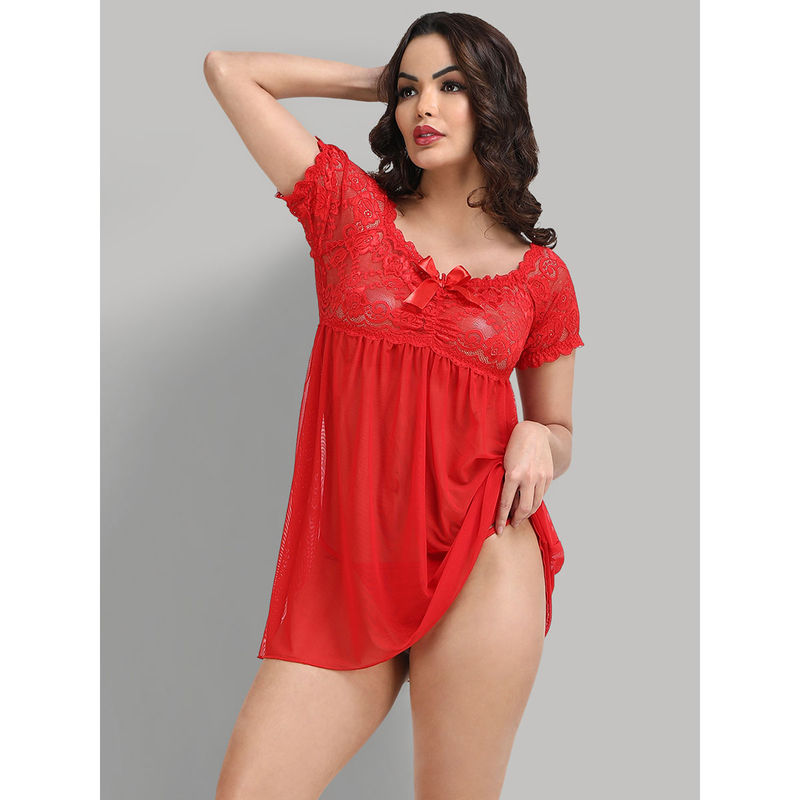 Shararat Womens Lace Above Knee Baby Doll Dress - Red (Set of 2) (L)