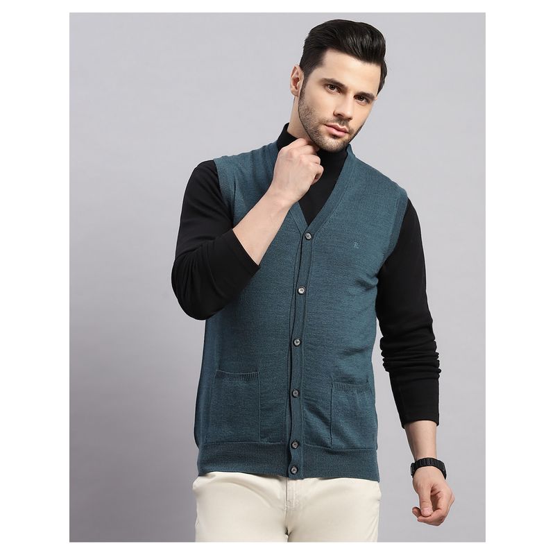 Monte Carlo Men's Regular Fit Solid Sleeveless Winter Teal Sweater (M)
