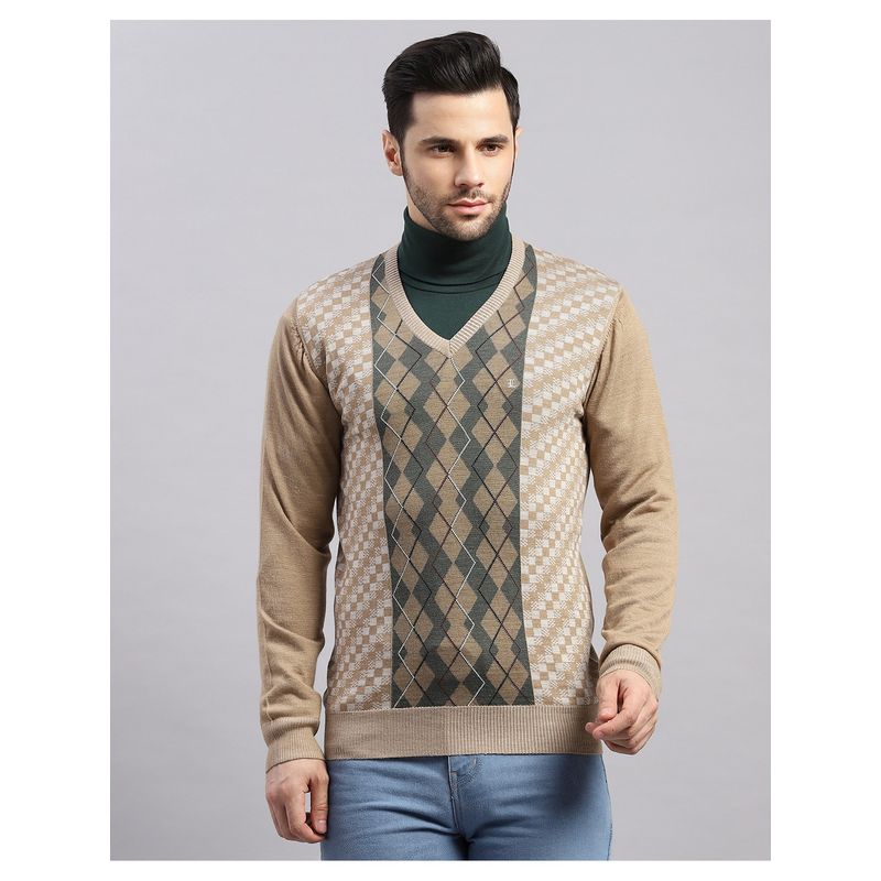 Monte Carlo Men's Regular Fit Printed Winter Brown Sweater (M)