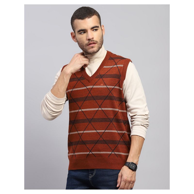 Monte Carlo Men's Regular Fit Printed Sleeveless Winter Brown Sweater (M)