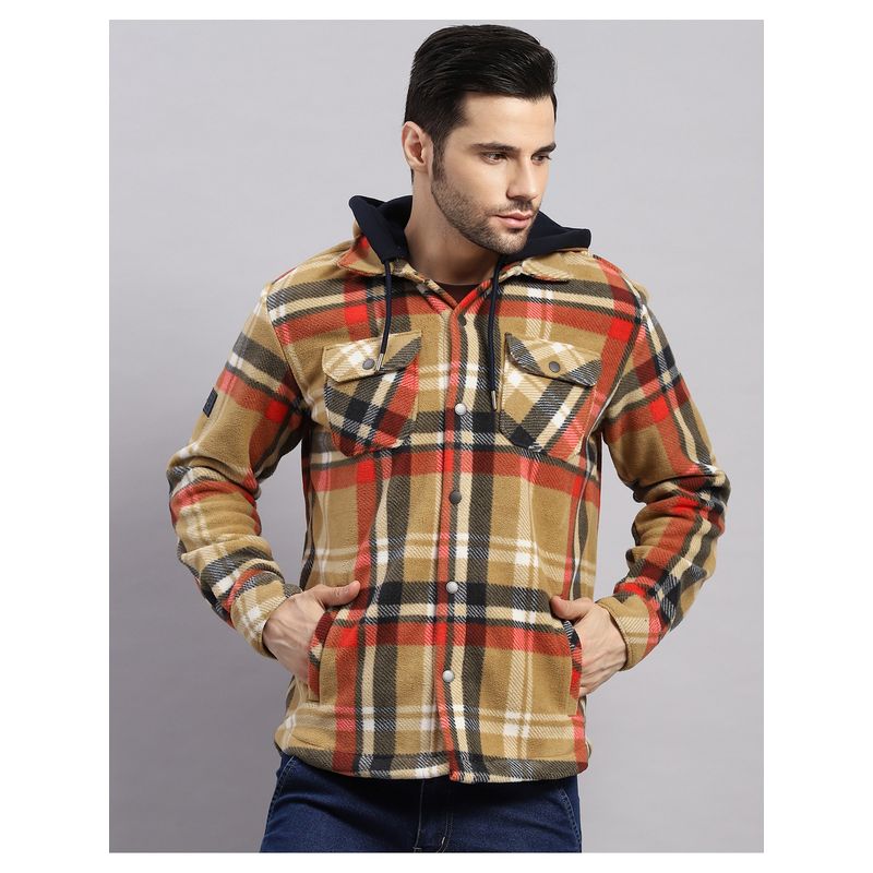 Monte Carlo Men Regular Hooded Khaki Checks Shacket (L)