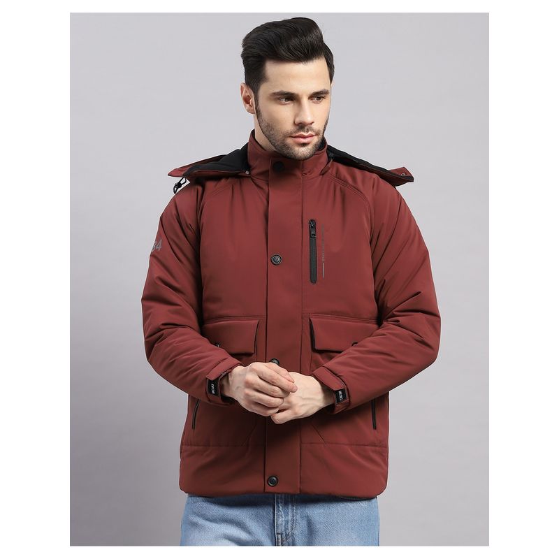 Monte Carlo Men Regular Hooded Burgundy Solid Puffer Jacket (XL)