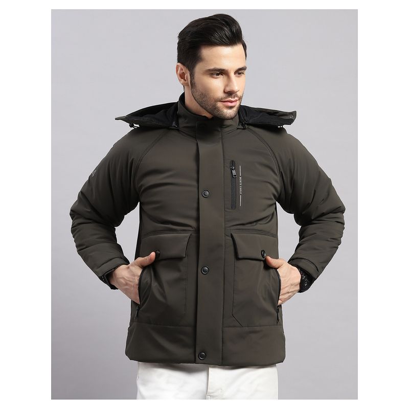 Monte Carlo Men Regular Hooded Olive Solid Puffer Jacket (L)