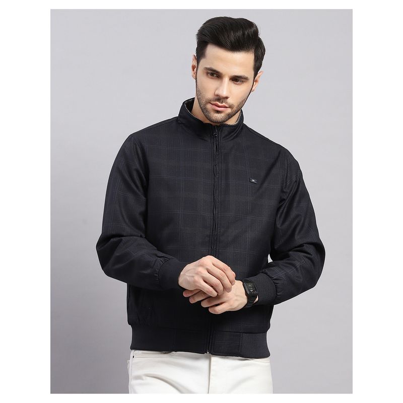 Monte Carlo Men Regular High Neck Navy Blue Checks Reversible Jacket (XL)