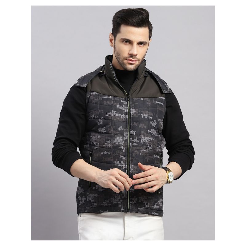 Monte Carlo Men Regular Hooded Green Self Design Puffer Jacket (XL)