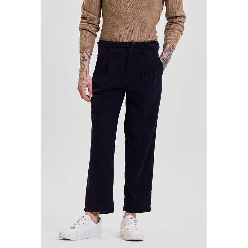 Snitch Navy Blue Corduroy Relaxed Fit Trouser with Belt (Set of 2) (36)