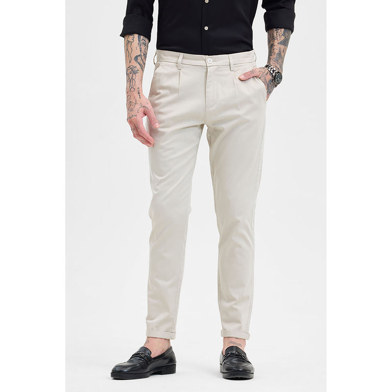 Snitch Cream Solid Slim Fit Trouser (38)