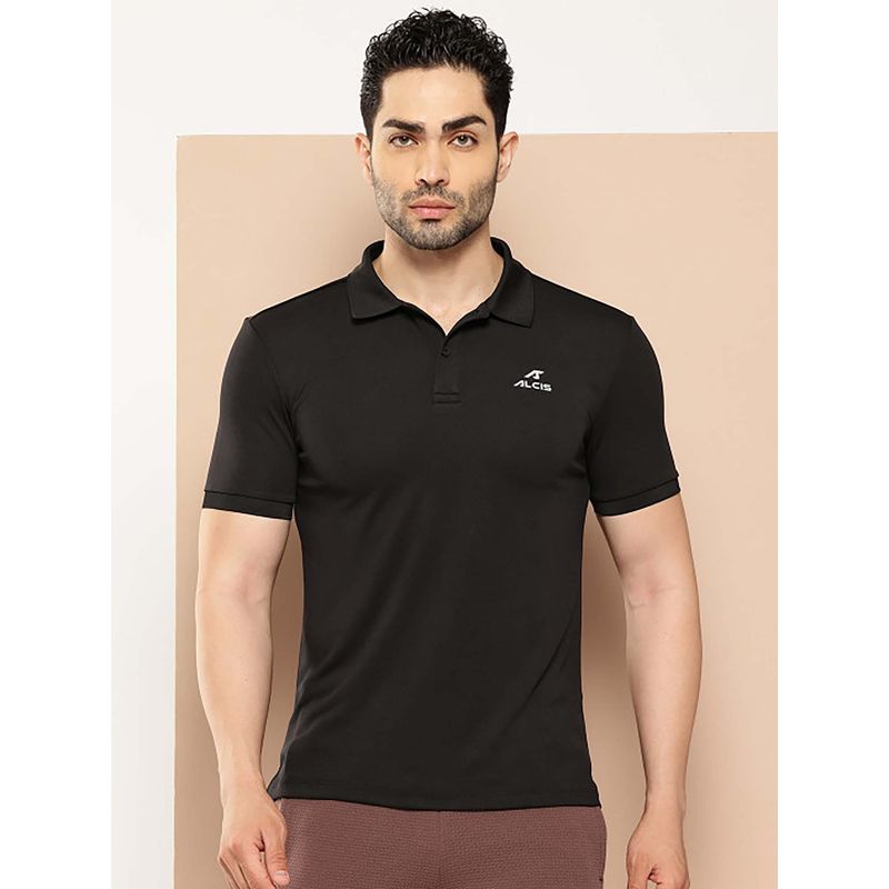 Alcis Black Solid Half Sleeves Polo T-Shirt (L)