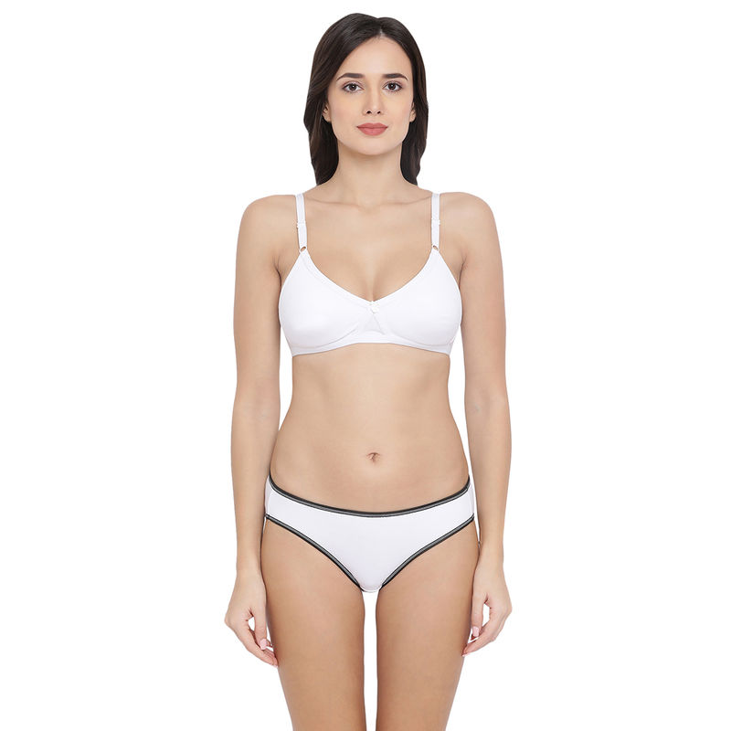 Clovia Cotton Non-Padded Wirefree Moulded Cup T-shirt Bra & Low Waist Bikini Panty - White (40B)