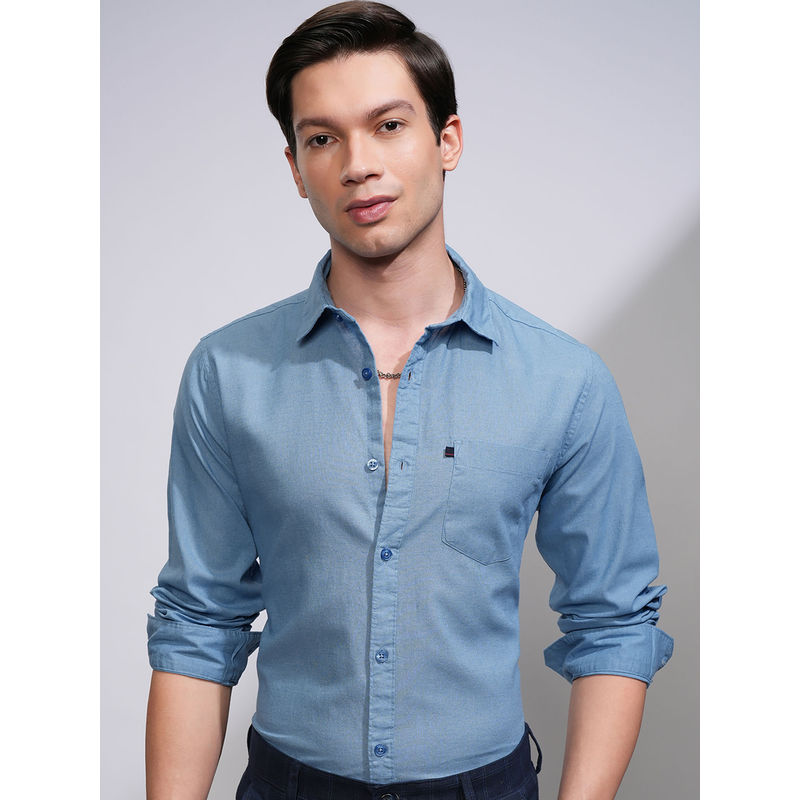 HIGHLANDER Men's Blue Slim Fit Shirt (L)