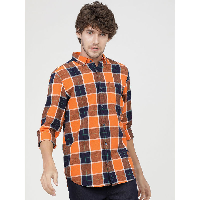 HIGHLANDER Men's Orange Slim Fit Opaque Checked Casual Shirt (M)