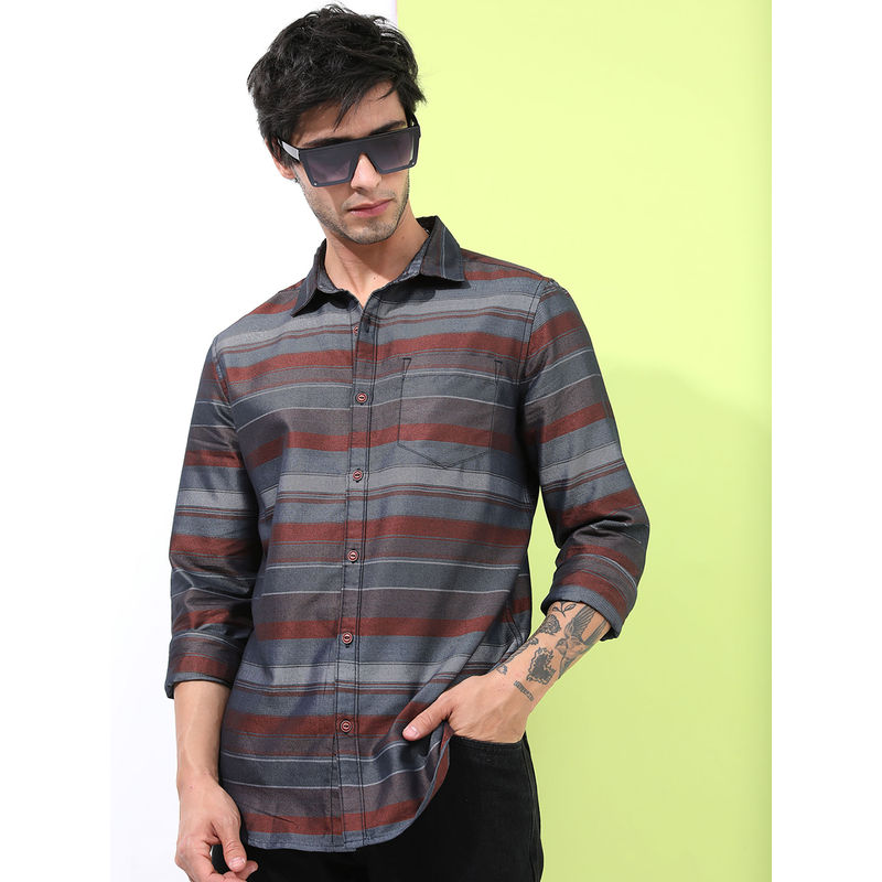 HIGHLANDER Men's Horizontal Stripes Slim Fit Casual Shirt (L)