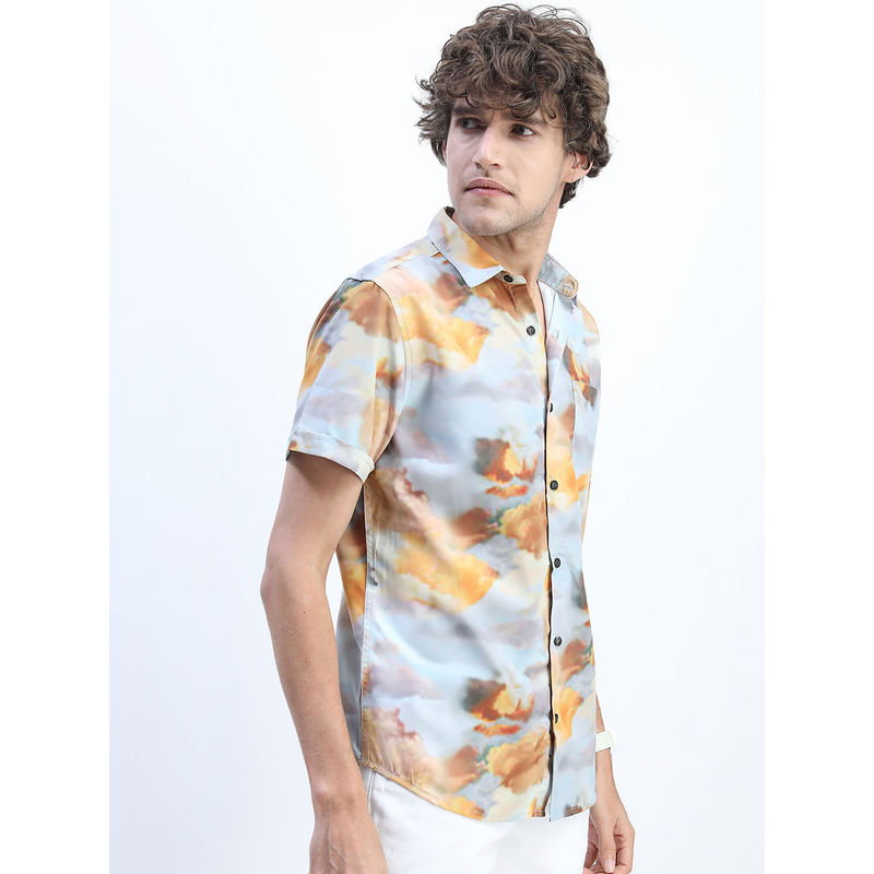 HIGHLANDER Grey Men's Slim Fit Printed Shirt (L)