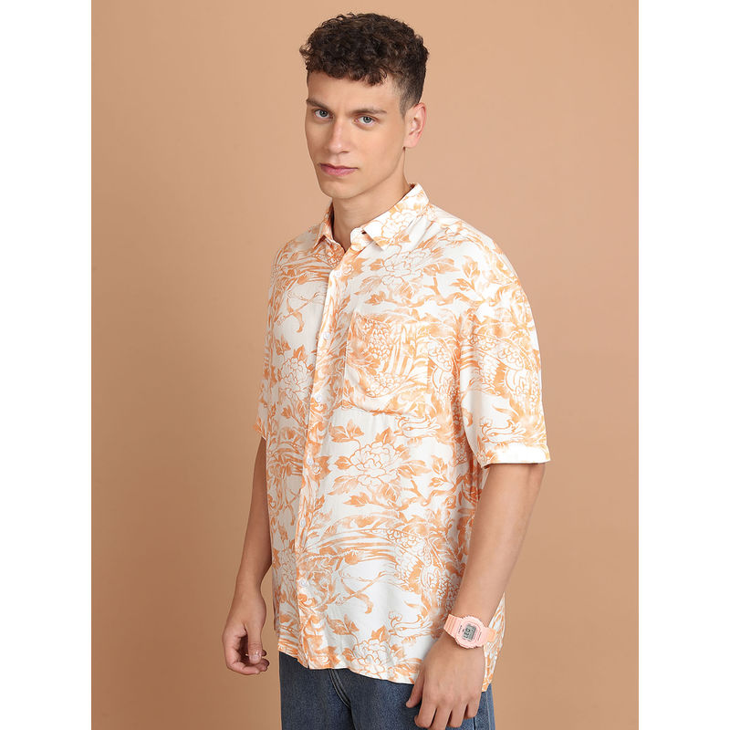 HIGHLANDER White Men's Slim Fit Printed Shirt (L)