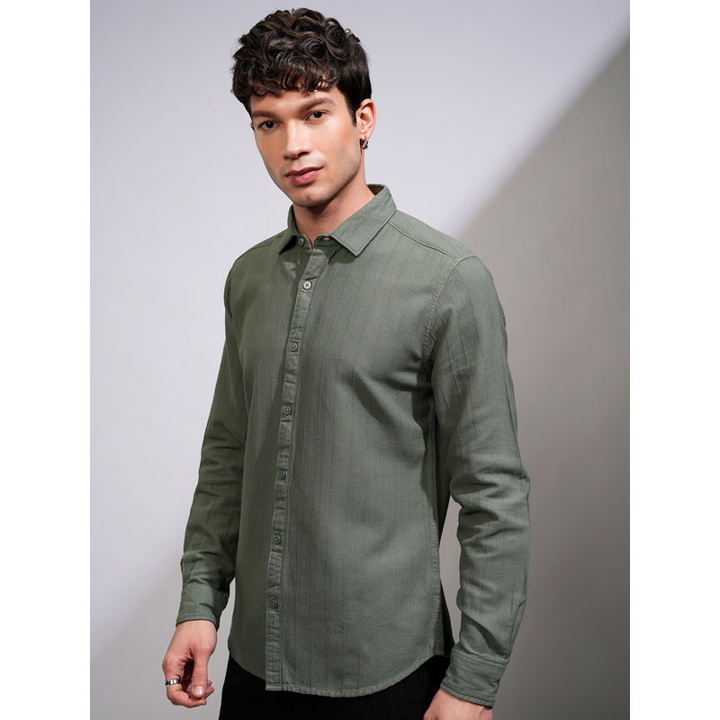 HIGHLANDER Green Men's Dobby Striped Casual Shirt (L)