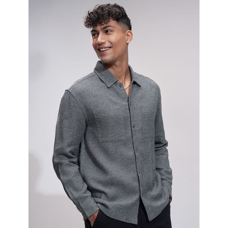 HIGHLANDER Men's Grey Fancy Yarn Dobby Textured Relaxed Overshirt (L)
