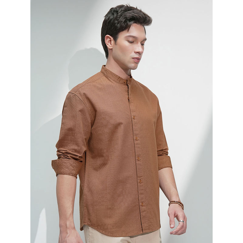 HIGHLANDER Brown Self Design Mandarin Collar Shirt (L)