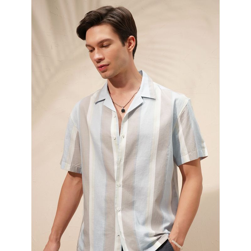 HIGHLANDER Blue Striped Cuban Collar Shirt (M)
