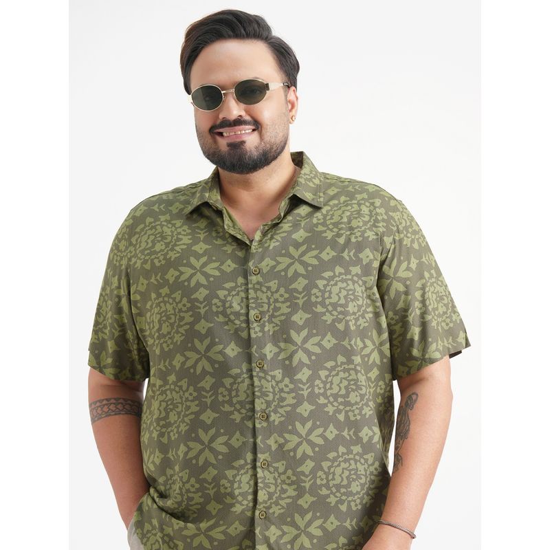 HIGHLANDER Olive Floral Short Sleeves Shirt (2XL)