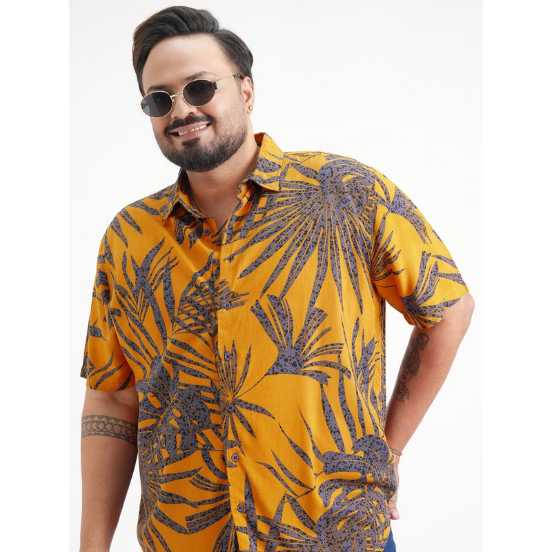 HIGHLANDER Mustard Tropical Print Casual Shirt (2XL)
