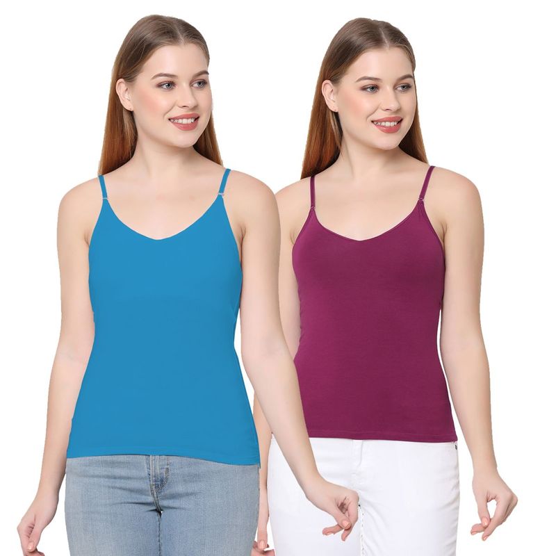 SOIE Women's Cotton Spandex Detachable Straps Camisole - Pack Of 2 - Multi-Color (L)