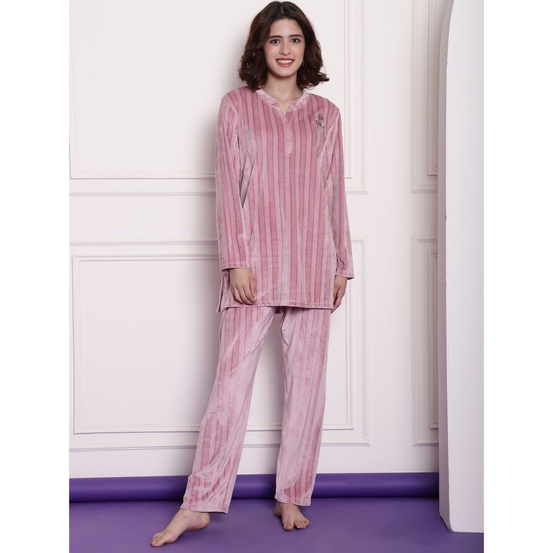 Kanvin Velour Winter Wear Night Suits-Pink (Set of 2) (3XL)