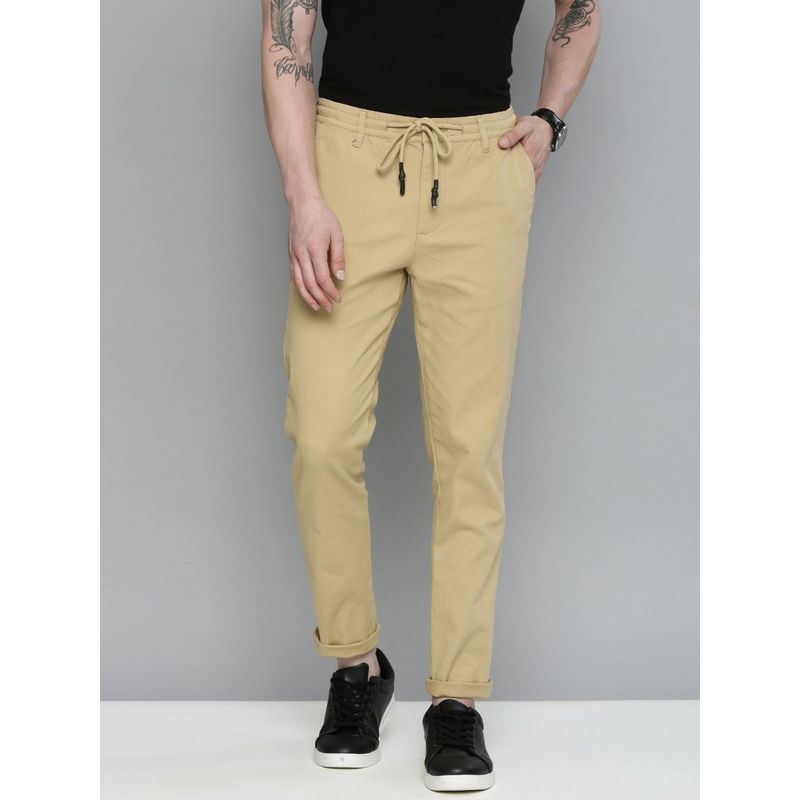 The Indian Garage Co Men Beige Solid/Plain Chinos (34)