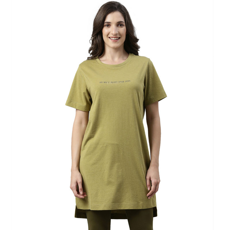 Enamor Essentials Womens E061-Short Sleeve Crew Neck Tunic Tee With Side Slit-Thai - Green (2XL)