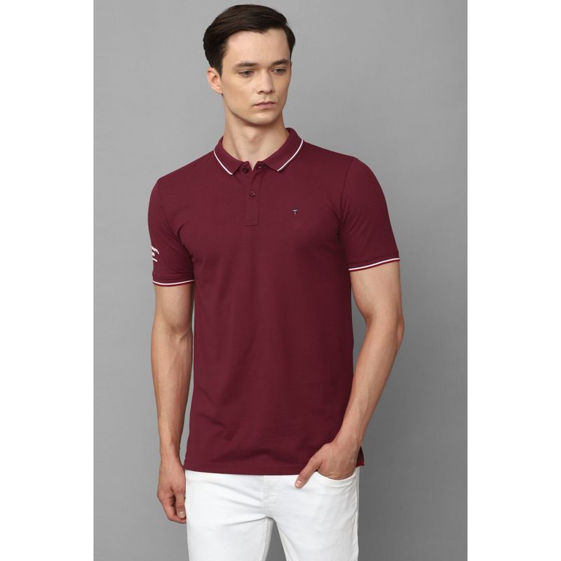 Louis Philippe Men's Wine Polo T-Shirt with Collar Tipping and Branding on Sleeve (XL)