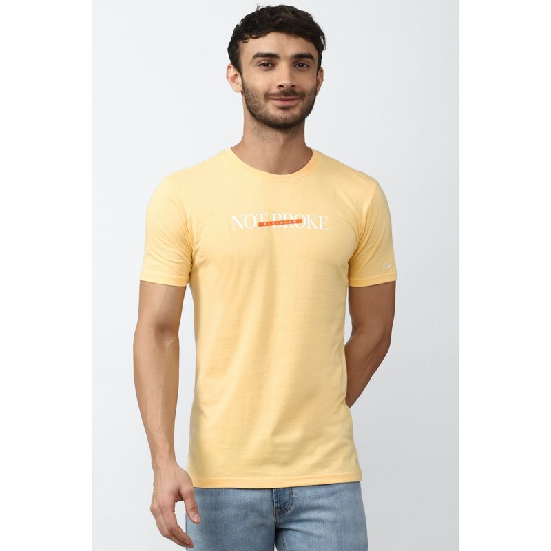 Peter England Men Yellow Printed Stylized Neck T-Shirt (S)