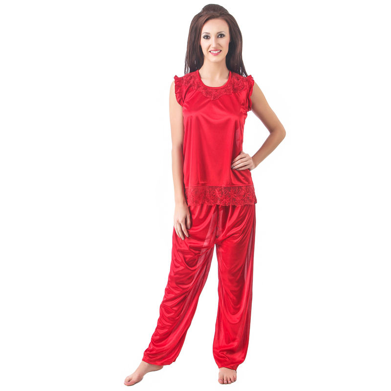 Fasense Women Satin Nightwear Night Suits Top And Pyjama Set, SR008 A - Red (M)