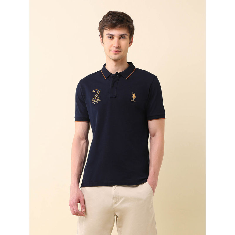 U.S. POLO ASSN. Men's Navy Blue Brand Appliqued Gold Cup Polo T-Shirt (L)