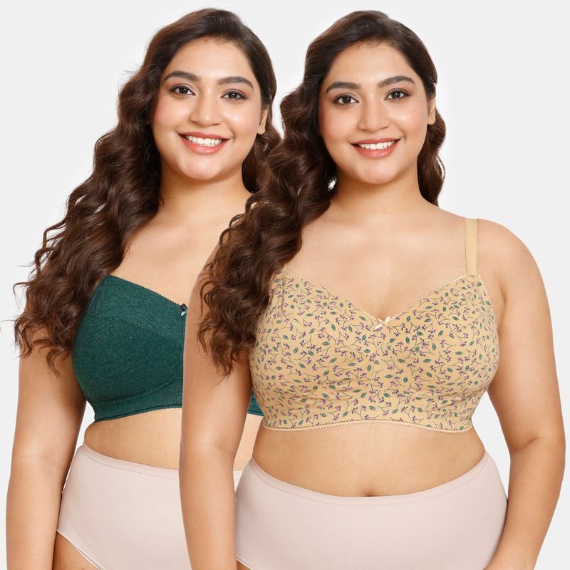 Zivame Double Layered Non Wired Full Coverage Super Support Bra - Green Tan (Pack of 2) (34D)
