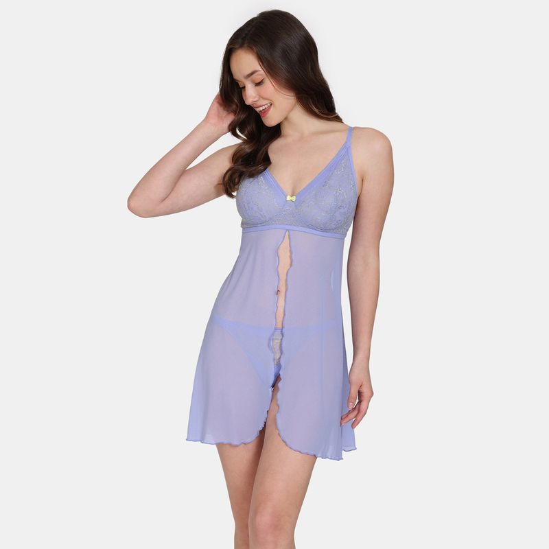 Zivame Primrose Lace Babydoll With Thong - Jacaranda (S)