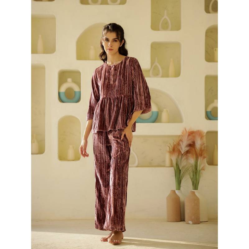 Women Pink Round Neck Velvet Nightsuit (Pack of 2) (S)